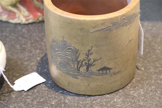 A Chinese Yixing brush pot, H. 13.5cm